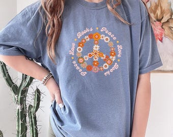 Peace Love Books T-Shirt: Comfort Colors Bookworm Tee