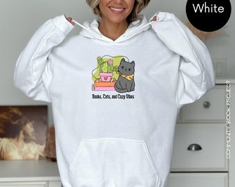 Books, Cats, and Cozy Vibes Unisex Hoodie | Cute Cat and Book Lover Sweatshirt | Cozy Fall Pullover with Cactus Illustration