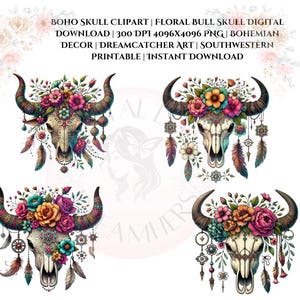 Clipart crâne bohème | Téléchargement numérique floral de crâne de taureau | 300 ppp 4096 x 4096 PNG | Décoration bohème | Oeuvres d'art attrape-rêves | Sud-ouest imprimable
