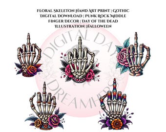 Mittelfinger 5er Set|Blumen Skelett Hand Halloween Kunstdruck | Gothic Digitaler Download | Punk Rock Mittelfinger | Tag der Toten