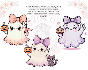 Süß Pastell Geist Clipart | Kawaii Halloween Digitaler Download | 300 DPI Geist mit Kürbis Illustration für Sublimation, DIY-Projekte & zum Basteln