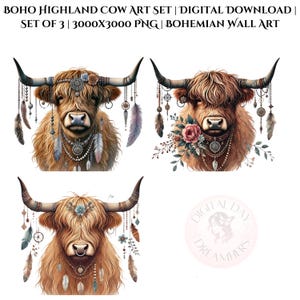 Boho Highland Cow-kunstset | Digitale download | Set van 3 | 300 dpi | Bohokunst aan de muur