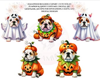 Bulldogge Halloween Clipart | Süßer Hund in Kürbis & Geisterkostümen | Digitale Kunst (4096x4096, 300 DPI) für Einladungen, Kunsthandwerk und digitale Kunst