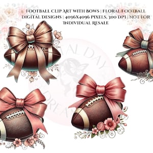 Op de afbeelding: Vier digitale illustraties van voetballen met strikken en bloemmotieven. De voetballen zijn bruin en wit, de strikken zijn roze en bruin en de bloemen zijn roze en wit.