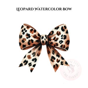 Puede incluir: Un lazo de acuarela con estampado de leopardo. El lazo está atado en un nudo y los extremos están flotando.