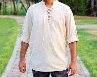 Ren Faire Medieval Viking Tunic, Renaissance Larp Mens Tunic, Aesthetic Viking Pirate Cosplay Shirt, Medieval Fair Vintage Drawstring Shirt
