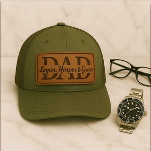 Gorra de papá personalizada con nombres de niños - Gorra de camionero con parche de cuero personalizado - Regalo para el Día del Padre, gorra para abuelo, regalo personalizado para papá