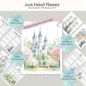 Puede incluir: Un planificador fechado de 2026 con una ilustración de castillo. El planificador incluye calendarios semanales y mensuales, un calendario anual y páginas de planificación de objetivos. La portada presenta una ilustración de castillo con detalles en rosa y verde. PDF descargable.