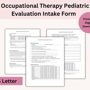 Könnte beinhalten: Druckbarer Fragebogen zur Aufnahme in die Ergotherapie für Kinder im Format US Letter. Dieser Fragebogen enthält Abschnitte zu Fütterung, sozialer Entwicklung, Spielfähigkeiten, Hintergrundinformationen, Aktivitäten des täglichen Lebens und zusätzlichen Informationen.