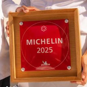 May include: A wooden framed plaque with a red centre and the text "MICHELIN 2025". The Michelin logo is at the bottom. The plaque is held by a person.