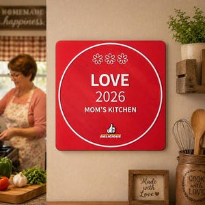 May include: A square red wall sign with a white circular border featuring three flower icons, the text LOVE, 2026, MOM'S KITCHEN, and a graphic of a thumbs-up icon above the word DELICIOUS in white lettering on a red background.