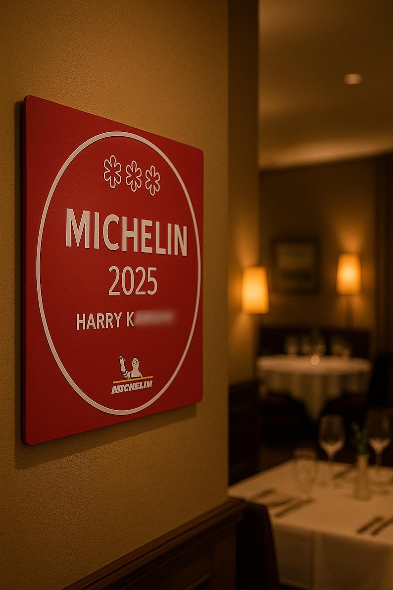 May include: A red Michelin Guide plaque with white text and a white circle. The text reads "MICHELIN 2025" and "Harry K". The Michelin logo is at the bottom. The plaque is mounted on a beige wall.