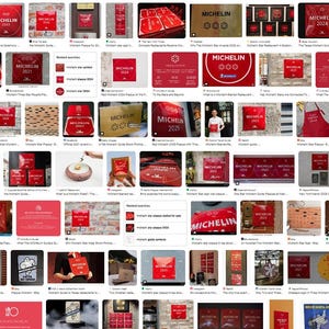 May include: A selection of red and white Michelin Guide promotional items, such as books, aprons, and plaques. The Michelin logo and branding are visible, with the year 2024 displayed on some items.