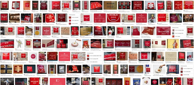 May include: A selection of red and white Michelin Guide promotional items, such as books, aprons, and plaques. The Michelin logo and branding are visible, with the year 2024 displayed on some items.