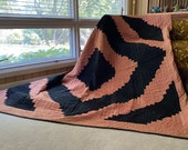 Amish Patchwork Log Cabin Barn Raising Quilt. 1920s. Peach and Black Sateen