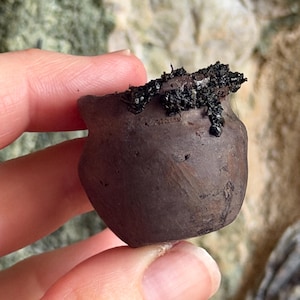 May include: A small, dark brown, rounded clay pot with a wide opening and a thick, textured rim. The exterior surface has a matte, earthy finish with subtle variations in color. A dark, granular substance is clustered along the top edge.