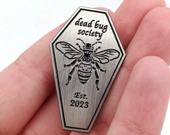 Dead Bug Society 1.5" Honeybee in a Coffin Antique Metal Enamel Pin | For Taxidermists, Entomologists, and lovers of dead things