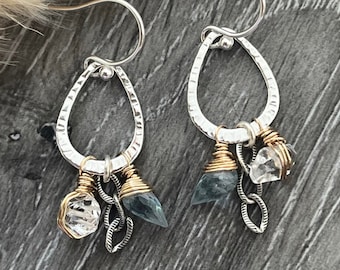 Moss Aquamarine Earrings, Mixed Metal Teardrop Earrings, Sterling Silver & 14K Gold Fill Earrings, Herkimer Diamond Earrings