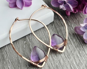 Amethyst Gemstone Leaf Hoop Earrings made with Nickel-Free 14k Rose Gold Fill for Sensitive Ears Gift for Wife for Birthday Crystal Earrings