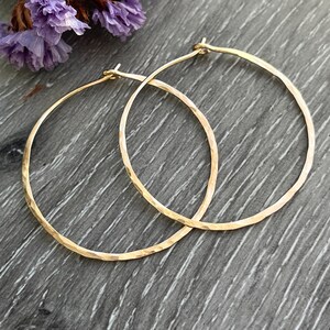 Large 14K Gold Fill Hammered Hoop Earrings: Lightweight Minimalist Style