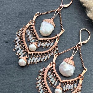 Rose Gold, Pearl and Opal Chandelier Wedding Earrings for Bride, 14k Gold Boho Statement Earrings Gift for Wife for Birthday or Anniversary image 4