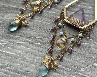 Ametrine Boho Statement Earrings, Spring Gemstone Chandelier Earrings, Elegant Gold Earrings, Elegant Earrings for gift for Women