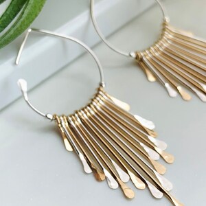 Silver & Gold Boho Fringe Hoop Earrings, Mixed Metal Art Deco Earrings, Teardrop Hoops, Sterling Silver Jewelry image 1