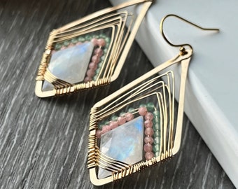 Gold Geometric Earrings, Pastel Spring Earrings, Rainbow Moonstone Earrings, Gift for women, Wire Woven Earrings