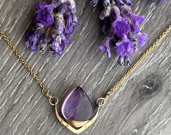 Amethyst Leaf Necklace, 14K Gold Fill & Gemstone Necklace, Dainty Crystal Necklace, Summer Layering Necklace