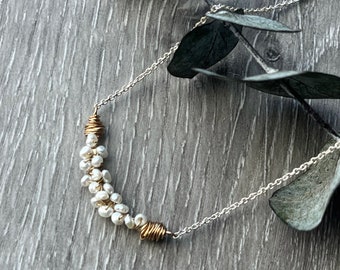 Pearl Cluster Necklace, 14K Gold Fill & Sterling Silver Necklace, Mixed Metal Jewelry