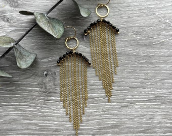 Gold Fringe Chain Earrings, Elegant Long Black Spinel Earrings, Holiday Jewelry for New Years Eve, Gold Statement Earrings