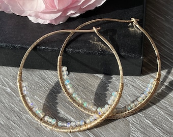 Opal Hoop Earrings, Large 14k Gold Fill Hammered Hoop Earrings, Big Ethiopian Opal Hoops