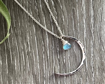 Silver Crescent Moon Necklace, Dainty Labradorite Necklace, Boho 14K Gold Fill Pendant, Celestial Jewellery, Gift For Women