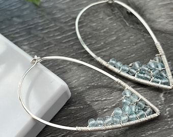 Blue Topaz Petal Hoop Earrings, Available in Sterling Silver or 14k Gold Fill, Wire Wrapped Gemstone Earrings,