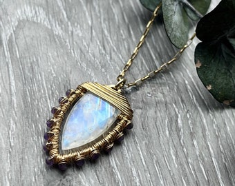 14K Gold Fill & Rainbow Moonstone Pendant, Gemstone Protection Amulet, Retirement Gift, Grad Gift for Her, Unique Gemstone Jewelry