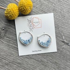 Small Blue Opal Petal Hoop Earrings, 14k Gold Filled Wire Wrapped Earrings, Powder Blue Gemstone Hoops, Unique Hoops image 4