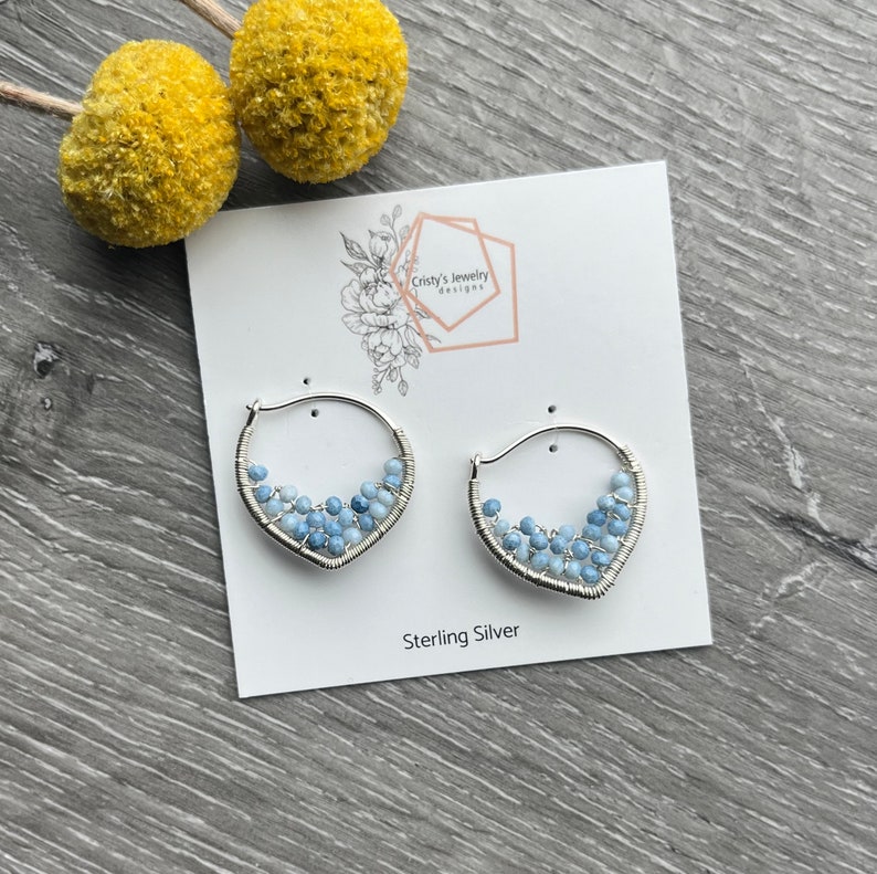 Small Blue Opal Petal Hoop Earrings, 14k Gold Filled Wire Wrapped Earrings, Powder Blue Gemstone Hoops, Unique Hoops image 4