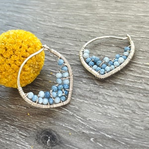 Small Blue Opal Petal Hoop Earrings, 14k Gold Filled Wire Wrapped Earrings, Powder Blue Gemstone Hoops, Unique Hoops image 2