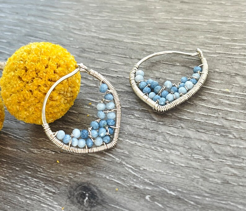 Small Blue Opal Petal Hoop Earrings, 14k Gold Filled Wire Wrapped Earrings, Powder Blue Gemstone Hoops, Unique Hoops image 2