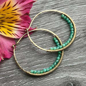 14k Gold Fill Hoops, Green Chrysoprase Earrings, Gemstone Beaded Hoop Earrings, Large Nickel Free Hammered Hoop Earrings image 1