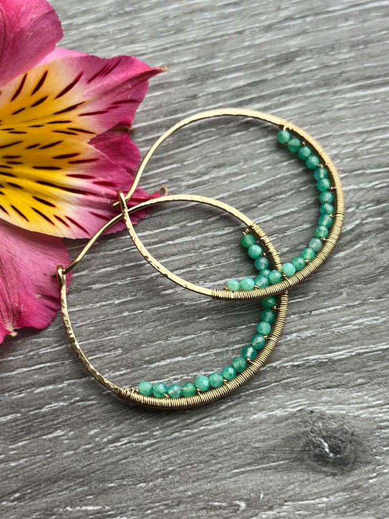 14k Gold Fill Hoops, Green Chrysoprase Earrings, Gemstone Beaded Hoop Earrings, Large Nickel Free Hammered Hoop Earrings image 1