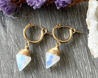 Rainbow Moonstone Huggie Hoops, 14k Gold Fill or Sterling Silver Nickel-Free Earrings, Geometric Gemstone Earrings, Mother’s Day Gift