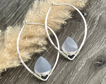 Blue Lace Agate Gemstone Leaf Hoop Earrings made with Nickel-Free Sterling Silver, Perfect gift for Women for Birthday or Retirement