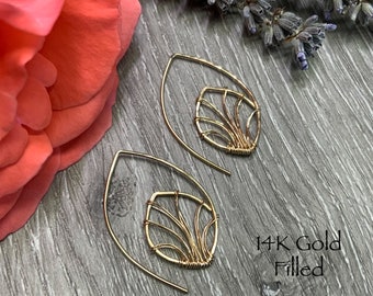 Filigree Leaf Threader Earrings, 14K Gold Fill, Dainty Gold Earrings