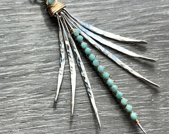 Silver & 14k Gold Long Necklace, Silver Fringe Necklace, Long Gemstone Necklace, Mixed Metal Jewellery, Amazonite Necklace