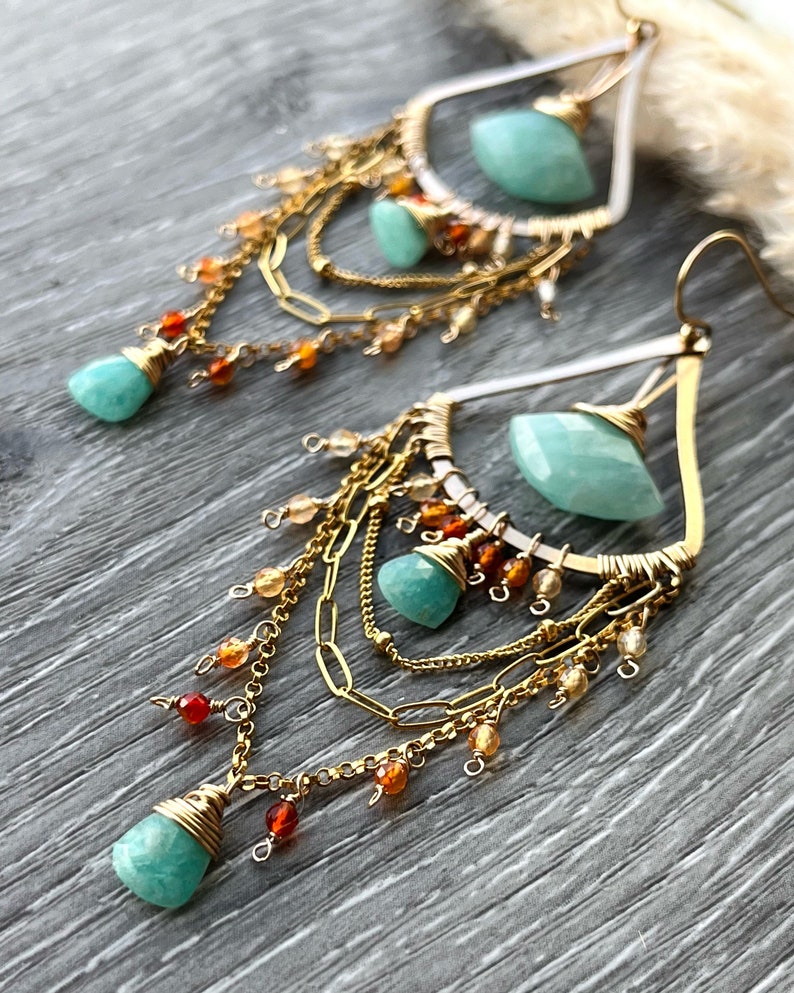 Boho Statement Earrings, Spring Gemstone Chandelier Earrings, Elegant Gold Earrings, Amazonite Earrings for birthday and girlfriend gift image 5