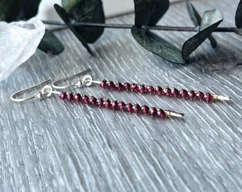 Gemstone Stick Earrings, Red Garnet Earrings, Mixed Metal Earrings, Silver and 14k Gold Filled Earrings, January Birthstone Earrings