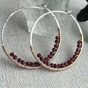 Silver & 14k Gold Fill Hoops, Garnet Earrings, Mixed Metal Gemstone Hoop Earrings, Large Nickel Free Hammered Hoop Earrings image 1