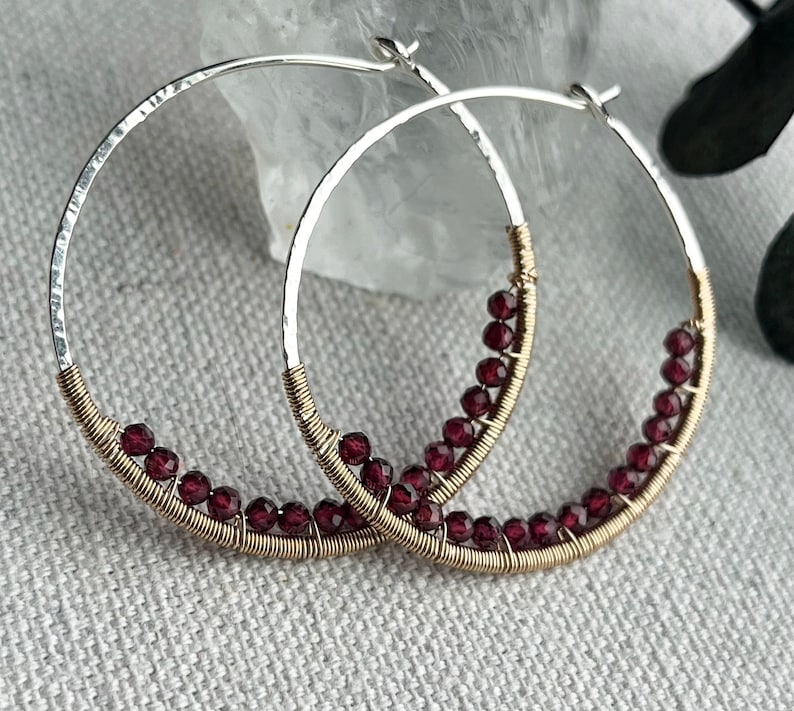 Silver & 14k Gold Fill Hoops, Garnet Earrings, Mixed Metal Gemstone Hoop Earrings, Large Nickel Free Hammered Hoop Earrings image 1