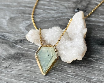 Prehnite Gemstone Necklace, 14K Gold Fill Geometric Necklace, Minimalist Spring Jewelry, Dainty Crystal Necklace